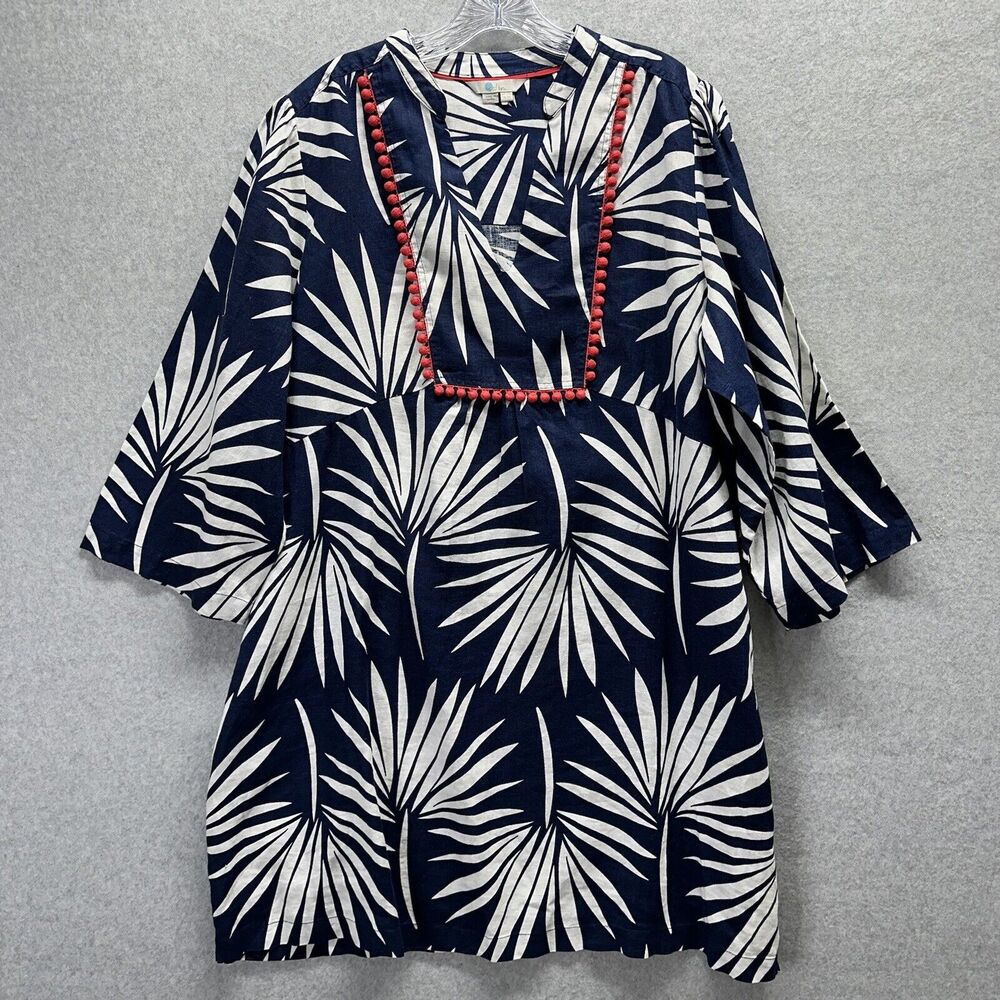 Boden Dress Womens Size US 18 Long Blue Tropical Leaf Evangeline Tunic Pom Pom
